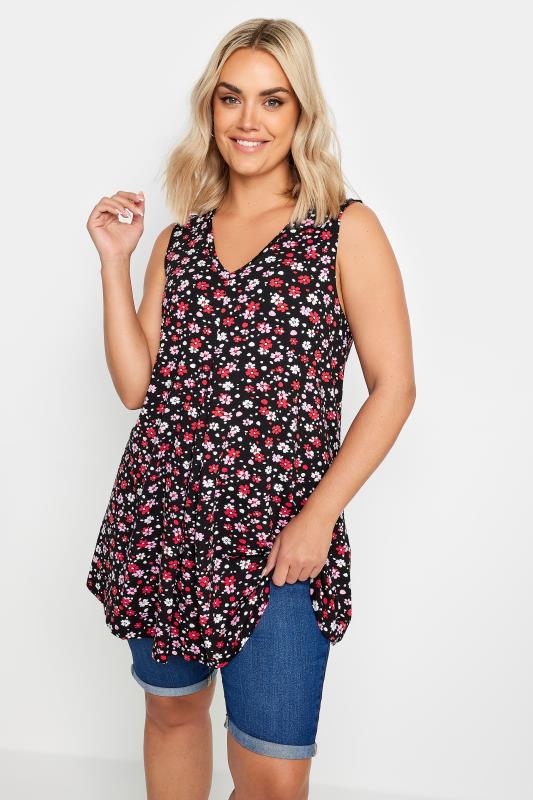 YOURS Plus Size Black Ditsy Floral Print Vest Top | Yours Clothing 1