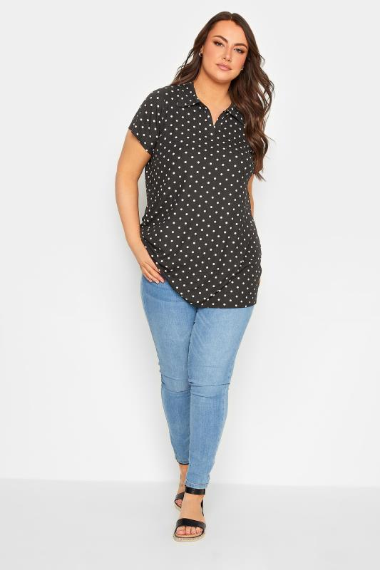 Black Polka Dot Textured Polo Top | Yours Clothing 2