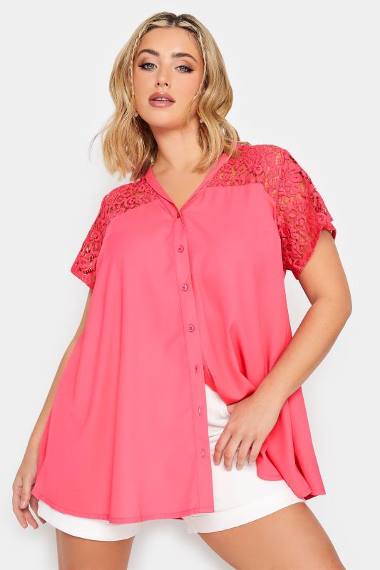 YOURS Plus Size Pink Lace Insert Blouse | Yours Clothing 2