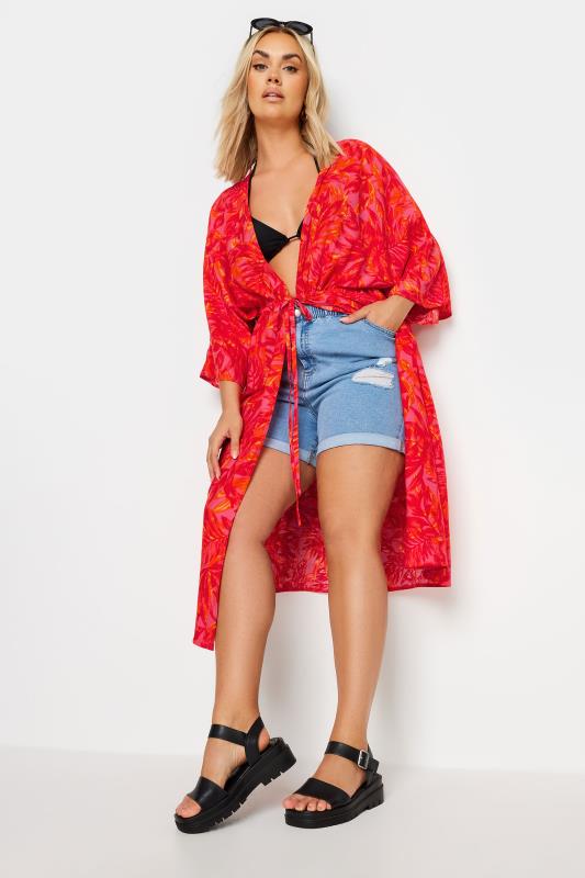 LIMITED COLLECTION Plus Size Pink Leaf Print Midi Kimono | Yours Clothing 1