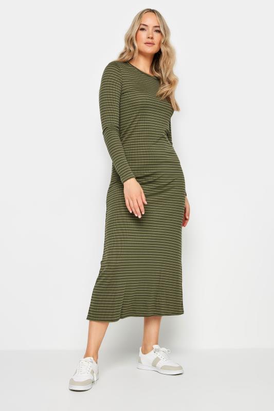  LTS Tall Khaki Green & Black Stripe Ribbed Midi Dress