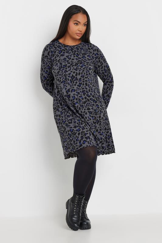 YOURS Plus Size Grey Leopard Print Lettuce Edge Tunic Top | Yours Clothing 2