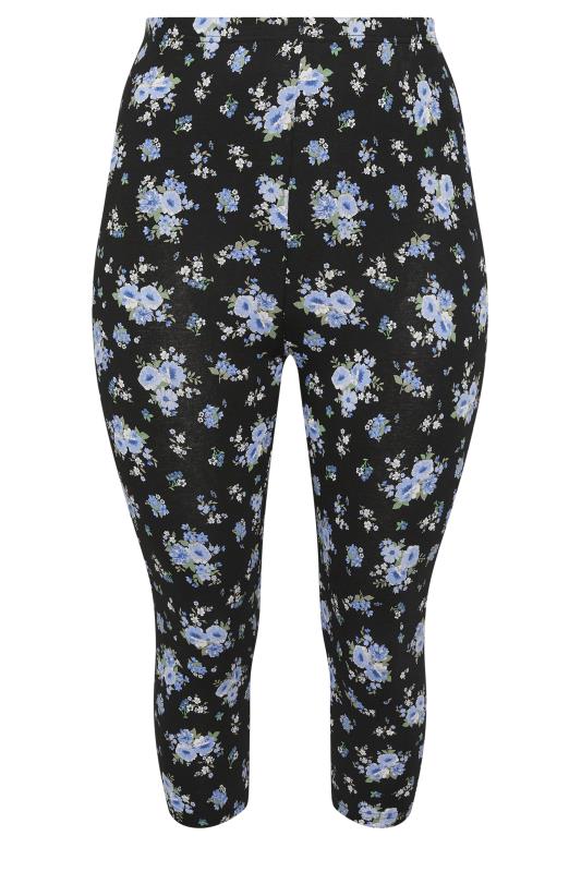 YOURS Plus Size 2 PACK Black & Blue Floral Print Cropped Leggings | Yours Clothing 8