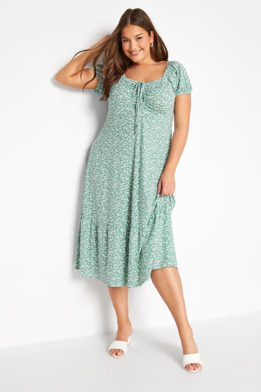 Plus Size  Curve Sage Green Floral Ruched Midaxi Dress