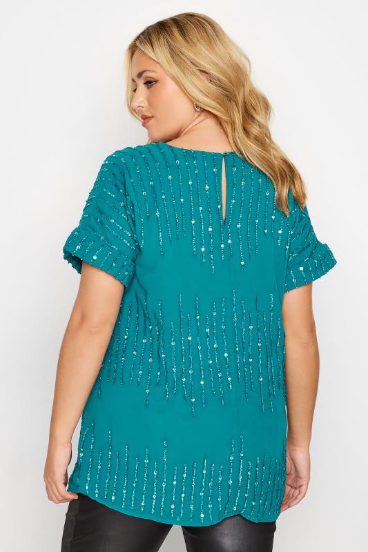 Plus Size LUXE Teal Blue Sequin Hand Embellished Top | Yours Clothing 4