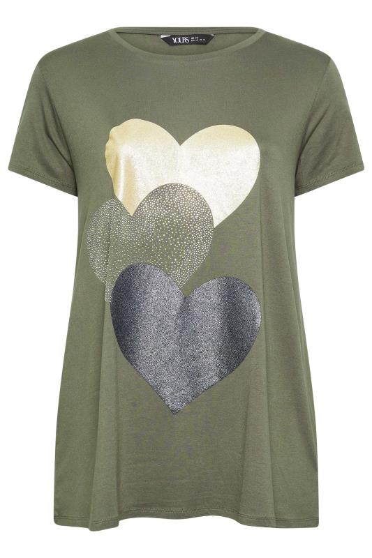 YOURS Plus Size Khaki Green Glitter Heart Print T-Shirt | Yours Clothing  5