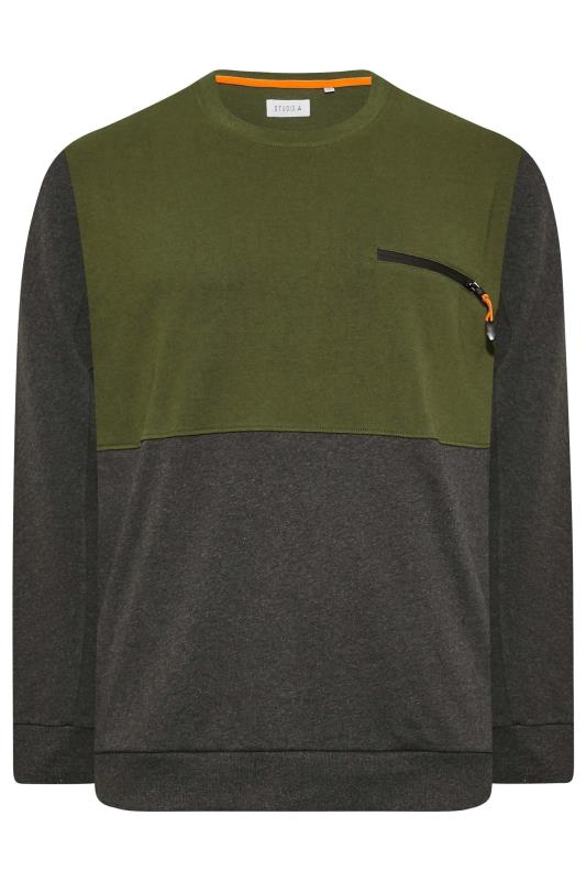 STUDIO A Big & Tall Khaki Green & Grey Zip Pocket Sweatshirt | BadRhino 4