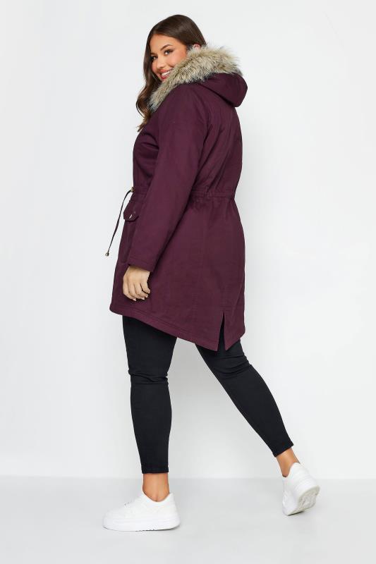 YOURS Curve Plus Size Burgundy Red Faux Fur Parka Coat | Yours Clothing  3