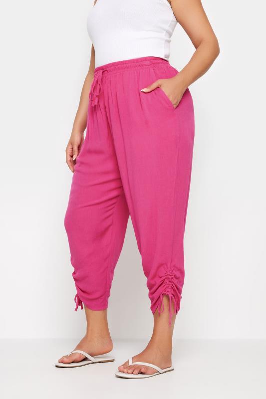 YOURS Plus Size Pink Crinkle Ruched Cropped Trousers | Yours Clothing 1