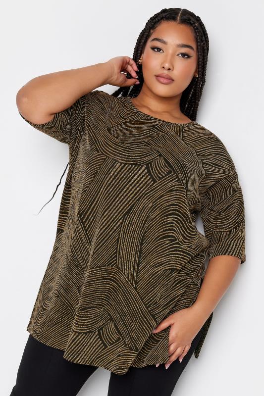YOURS Plus Size Black & Gold Swirl Print Oversized T-Shirt | Yours Clothing 1
