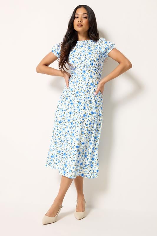 PixieGirl Petite Blue Floral Midi Dress | PixieGirl 1
