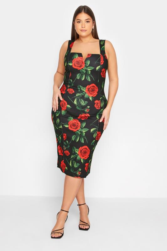 LTS Tall Women's Black Rose Print Scuba Notch Neck Midi Dress | Long Tall Sally 1