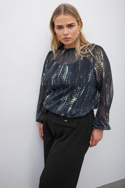 Plus Size  YOURS LONDON Curve Navy Blue Snake Print Metallic Stripe Chiffon Blouse