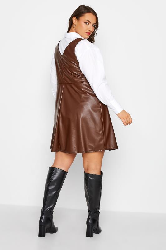 LIMITED COLLECTION Plus Size Chocolate Brown Leather Look Pinafore Dress | Yours Clothing 3