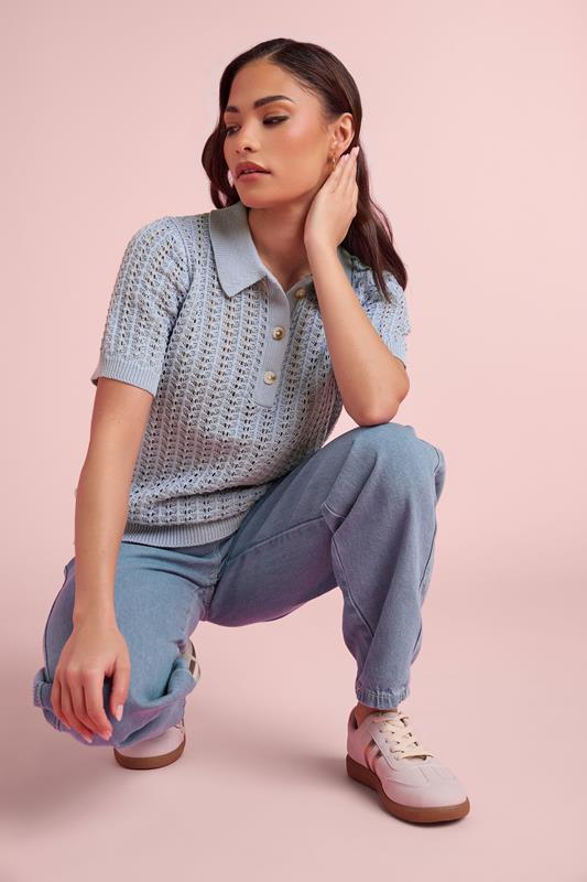  PixieGirl Petite Light Blue Crochet Polo Top