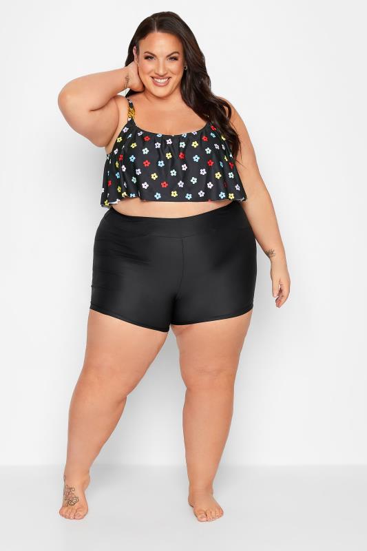 YOURS Plus Size Black Daisy Print Frill Chain Bikini Top | Yours Clothing 3