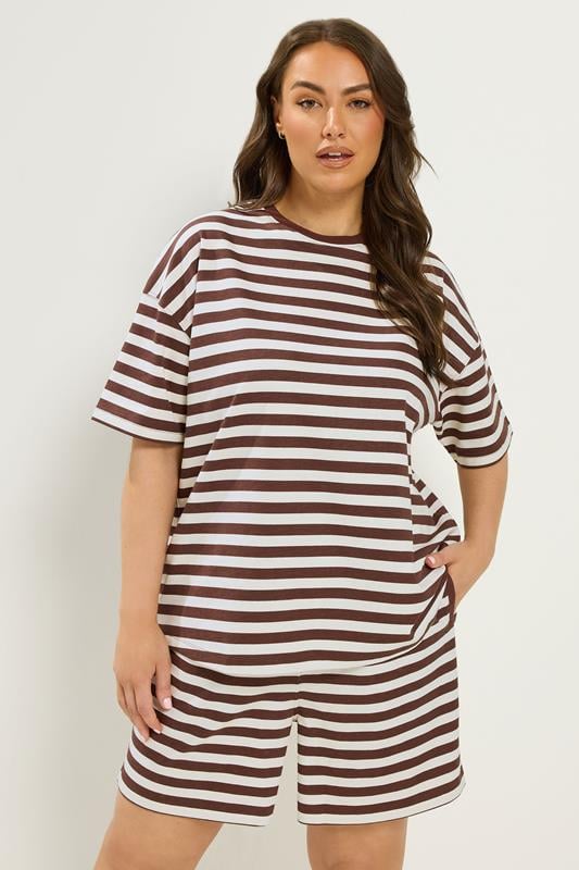 YOURS Plus Size Brown Stripe T-Shirt & Shorts Co-ord | Yours Clothing 1