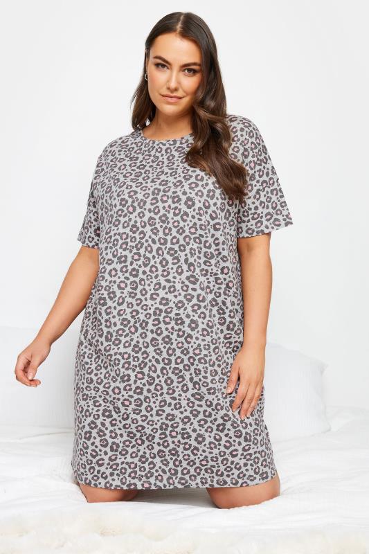 YOURS Plus Size Grey Leopard Print Sleep Tee Nightdress | Yours Clothing 1