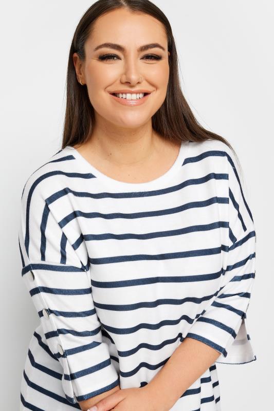 YOURS Curve White & Blue Striped Soft Touch Button Top | Yours Clothing 4