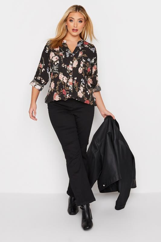 Plus Size Black Floral Print Pintuck Shirt | Yours Clothing 2