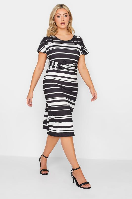 YOURS PETITE Plus Size Black & White Stripe Knot Midi Dress | Yours Clothing 1