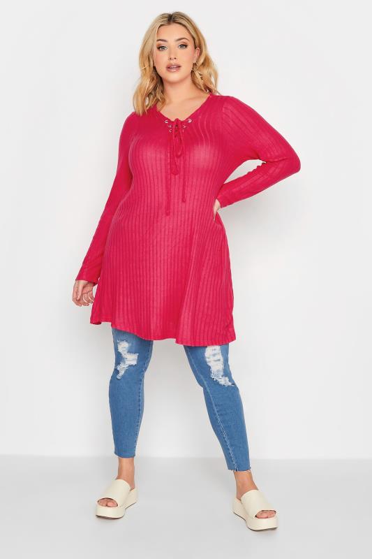 Plus Size Hot Pink Eyelet Tie Detail Soft Touch Top | Yours Clothing 2