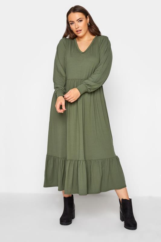 LIMITED COLLECTION Curve Khaki Green Smock Maxi Dress_A.jpg