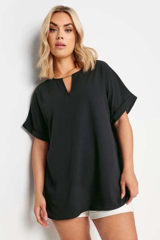 YOURS Plus Size Black Notch Neck Blouse | Yours Clothing 1