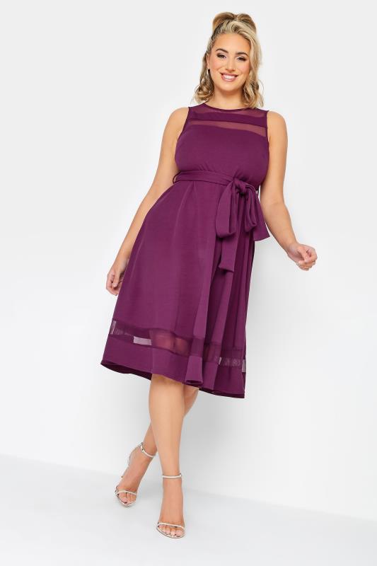 YOURS LONDON Plus Size Purple Mesh Panel Skater Dress | Yours Clothing 2