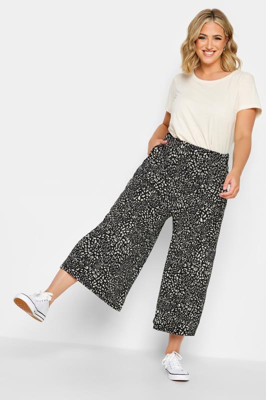 YOURS Plus Size Black & Natural Lepoard Print Midaxi Culottes | Yours Clothing 2