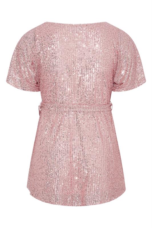 YOURS LONDON Plus Size Pink Sequin Embellished Wrap Top | Yours Clothing 7