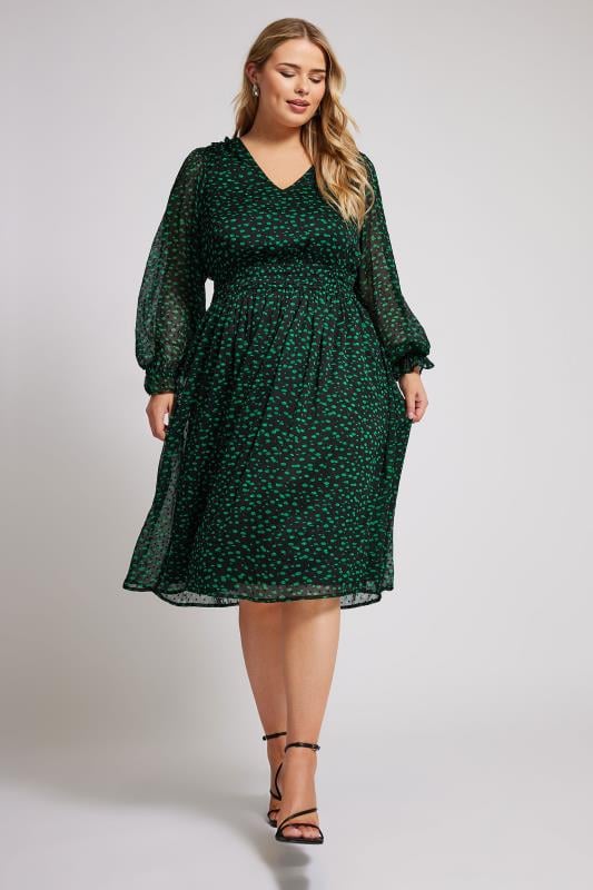  Tallas Grandes YOURS LONDON Curve Green Spot Print Dobby Midi Dress