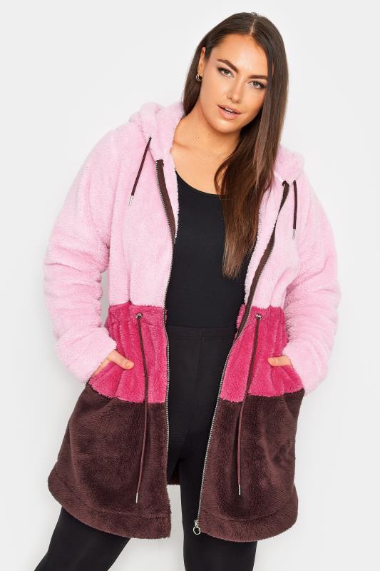 Plus Size  YOURS Curve Pink Longline Fleece Zip Hoodie