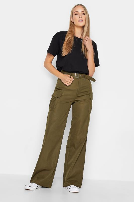 LTS Tall Khaki Green Belted Wide Leg Cargo Trousers | Long Tall Sally 2