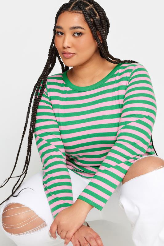 YOURS Curve Green & Pink Stripe Long Sleeve T-Shirt | Yours Clothing 4