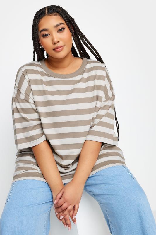 YOURS Plus Size Mocha Brown Stripe Boxy T-Shirt | Yours Clothing 2