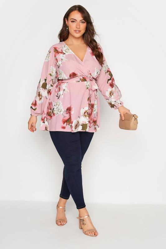 YOURS LONDON Plus Size Pink Floral Split Sleeve Wrap Top | Yours Clothing 2