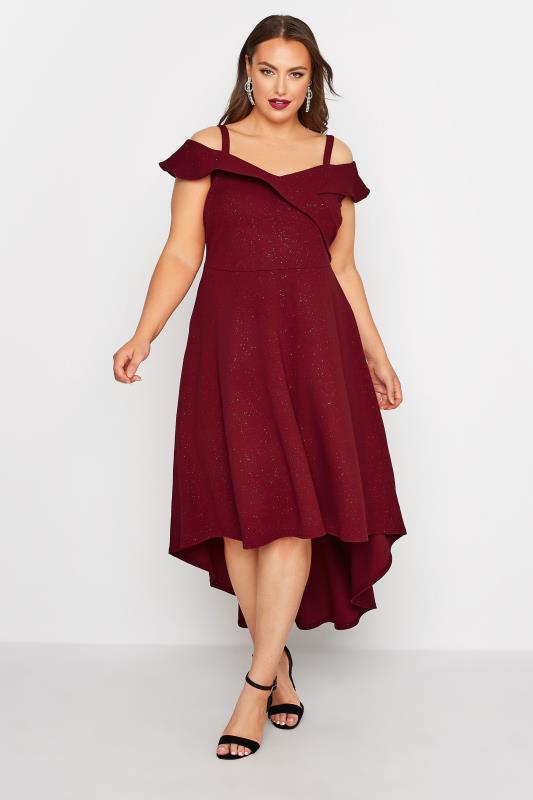 YOURS LONDON Plus Size Curve Red Glitter Bardot High Low Bridesmaid Dress | Yours Clothing 2