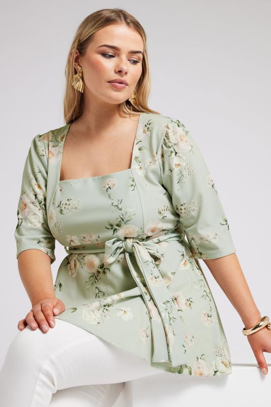 YOURS LONDON Plus Size Green Floral Print Square Neck Top | Yours Clothing 1