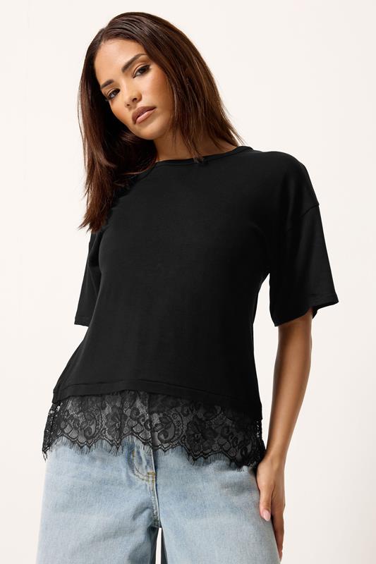 PixieGirl Petite Women's Black Lace Hem T-Shirt | PixieGirl 1