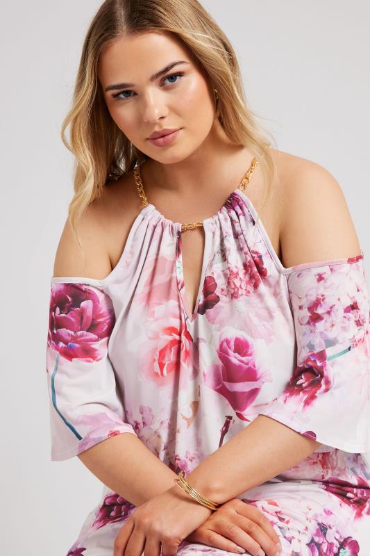 YOURS LONDON Plus Size Pink Floral Print Chain Cold Shoulder Top | Yours Clothing 5