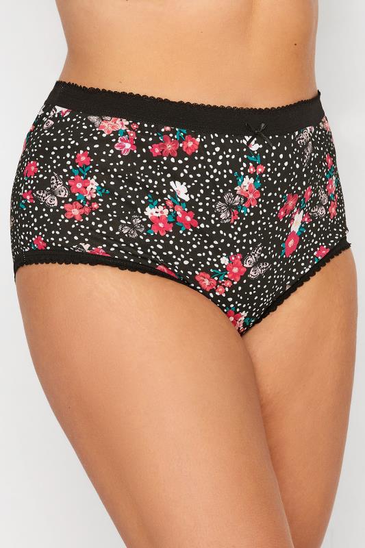Plus Size 5 PACK Pink & Black Butterfly Floral Print High Waisted Full Briefs | Yours Clothing  2