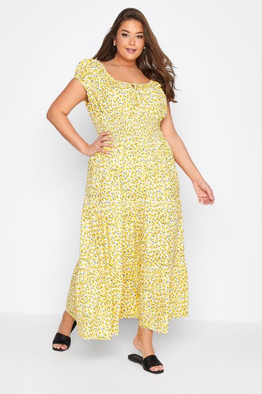 Plus Size  Curve Yellow Floral Print Bardot Maxi Dress