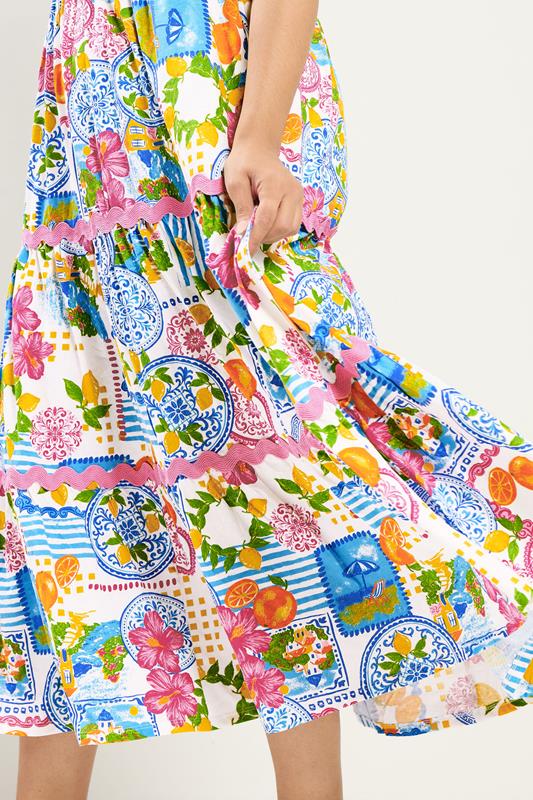 YOURS Plus Size White & Blue 'Mediterranean' Print Tiered Maxi Dress| Yours Clothing 4