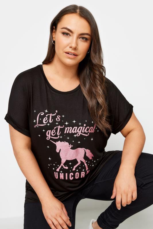 YOURS Plus Size Black Unicorn Magic Glitter Embellished T-Shirt 4
