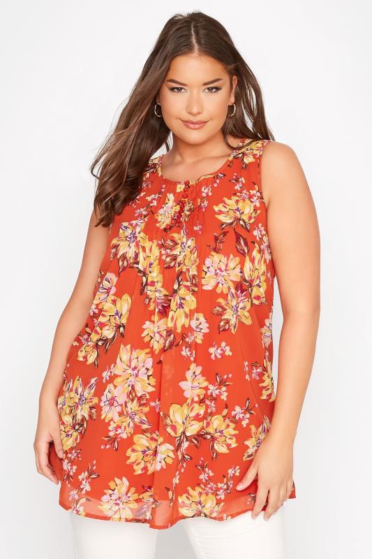 Plus Size  Curve Red Floral Print Pleat Front Sleeveless Blouse