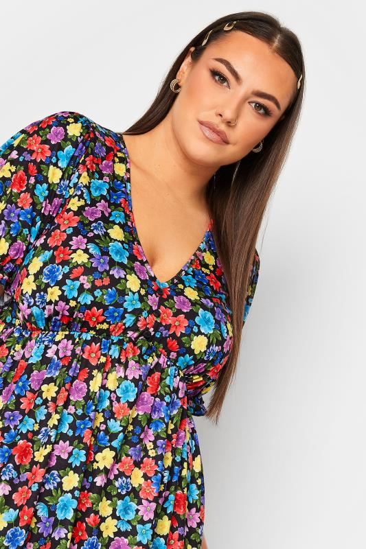LIMITED COLLECTION Curve Plus Size Black & Blue Floral Print Frill Sleeve Midaxi Dress 4