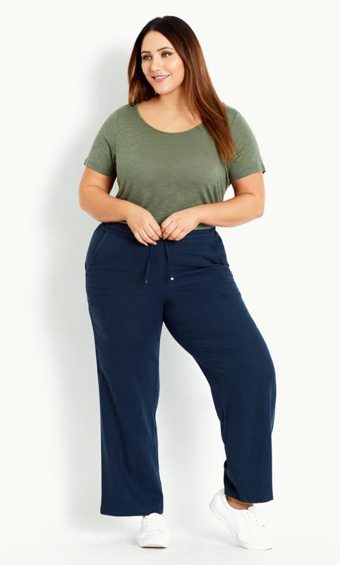 Plus Size  Evans Navy Blue Relaxed Linen Blend Trousers