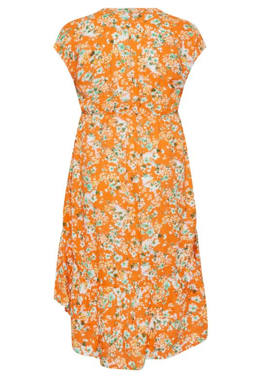 YOURS Plus Size Orange Floral Print High Low Wrap Dress | Yours Clothing 7