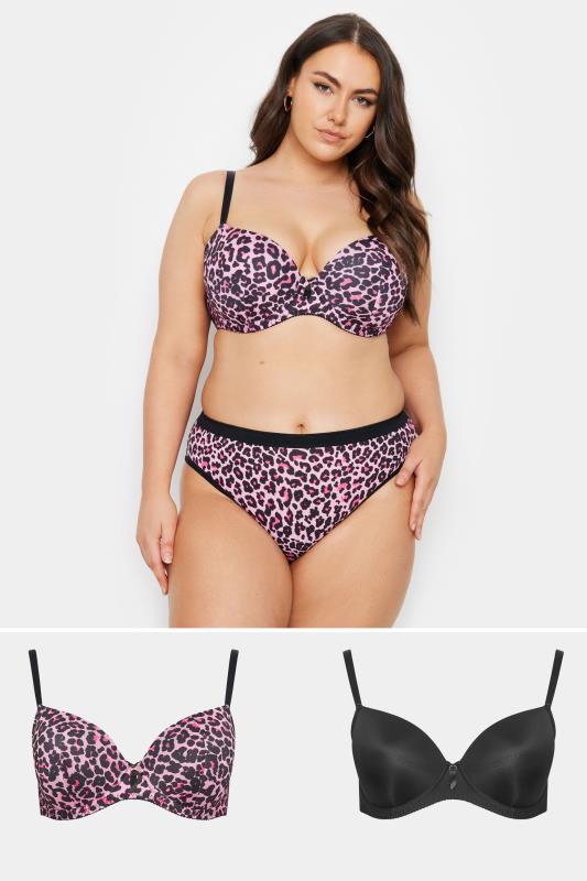 YOURS Plus Size 2 PACK Pink & Black Leopard Print T-Shirt Bras | Yours Clothing 1